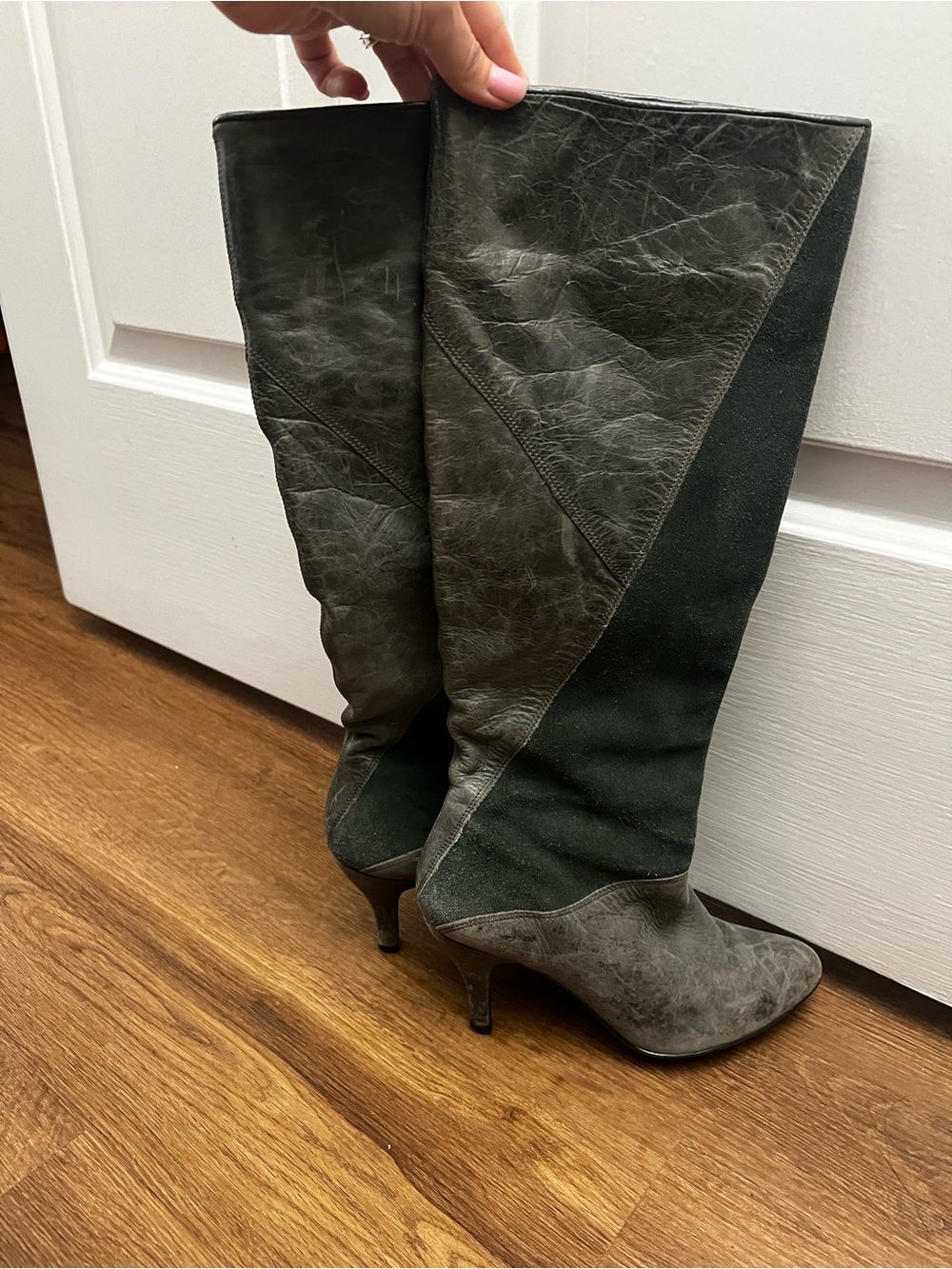 Ladies Two-Tone Gray Knee-High Heeled Boots